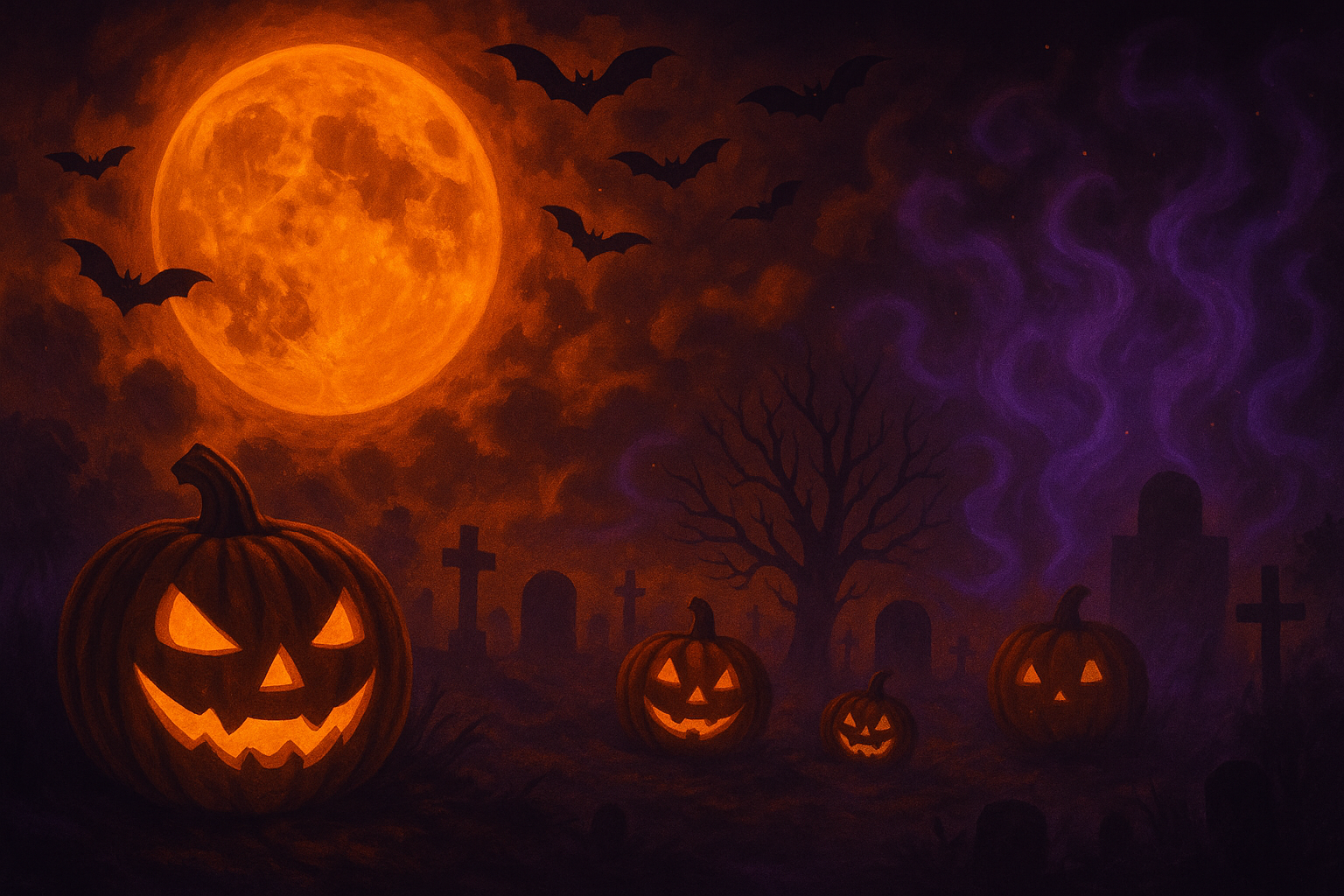 Spooky Halloween moonlit graveyard background